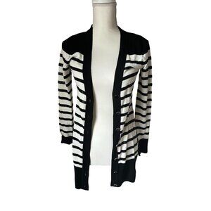 WHITE HOUSE BLACK MARKET WHBM Black White Sequin Striped Cardigan Button Sweater